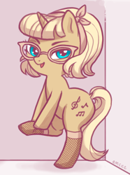 Size: 636x853 | Tagged: safe, artist:mcponyponypony, oc, oc only, oc:chordette, species:pony, species:unicorn, bipedal, clothing, dock, dressing, fishnets, glasses, headband, lidded eyes, looking at you, open mouth, smiling, solo, stockings