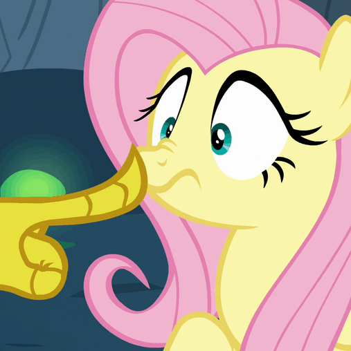 Size: 507x508 | Tagged: safe, screencap, character:discord, character:fluttershy, species:changeling, episode:to where and back again, g4, my little pony: friendship is magic, animated, boop, disguise, disguised changeling, fake fluttershy, gif, nose wrinkle, solo focus