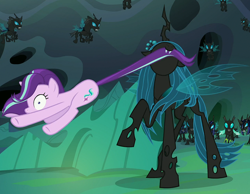 Size: 1276x992 | Tagged: safe, screencap, character:queen chrysalis, character:starlight glimmer, character:thorax, species:changeling, species:pony, species:unicorn, episode:to where and back again, g4, my little pony: friendship is magic, changeling guard, changeling officer, changeling queen, cropped, female, mare, mouth hold, tail, tail pull, wide eyes