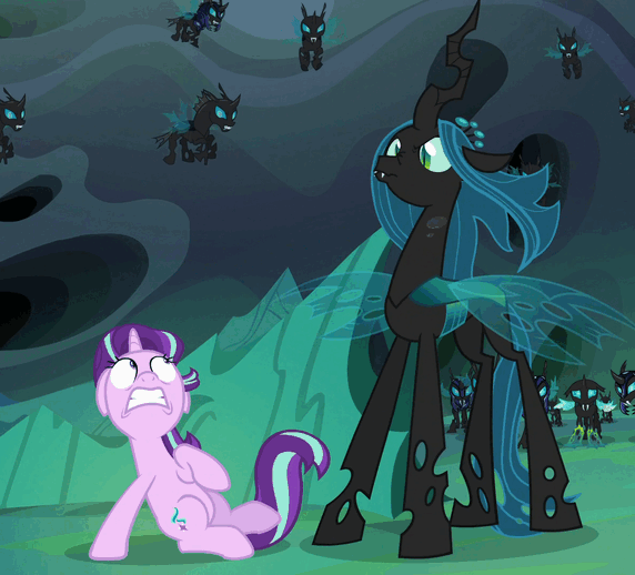 Size: 572x518 | Tagged: safe, screencap, character:queen chrysalis, character:starlight glimmer, character:thorax, species:changeling, species:pony, species:unicorn, episode:to where and back again, g4, my little pony: friendship is magic, changeling guard, changeling officer, changeling queen, cropped, faec, female, mare, scared
