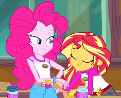 Size: 896x725 | Tagged: safe, screencap, character:pinkie pie, character:sunset shimmer, equestria girls:legend of everfree, g4, my little pony:equestria girls, camp everfree outfits, clothing, context is for the weak, cropped, duo, female, heart, lidded eyes, lip bite, out of context, shorts, sprinkles