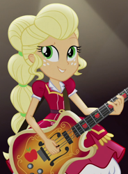 Size: 558x760 | Tagged: safe, screencap, character:applejack, equestria girls:legend of everfree, g4, my little pony:equestria girls, alternate hairstyle, bass guitar, clothing, cropped, crystal gala, freckles, musical instrument, solo