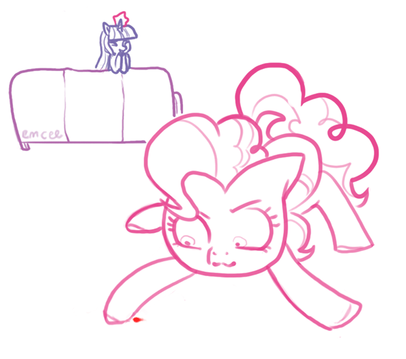 Size: 593x525 | Tagged: safe, artist:mcponyponypony, character:pinkie pie, character:twilight sparkle, species:pony, animated, behaving like a cat, couch, cute, gif, laser, laser pointer, magic, pinkie cat, silly, silly pony, simple background, white background