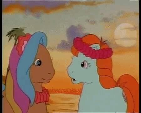 Size: 450x360 | Tagged: safe, screencap, character:bright eyes, character:moki sunbright, species:pony, episode:ponies in paradise, g1, my little pony tales, animated, gif, hug