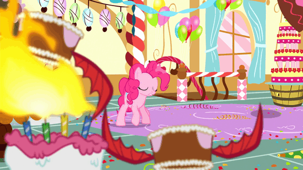 Size: 595x335 | Tagged: safe, screencap, character:pinkie pie, character:princess luna, species:alicorn, species:earth pony, species:pony, episode:do princesses dream of magic sheep?, animated, cake, dramatic entrance, dream, dream walker luna, female, food, gif, glowing horn, mare, marzipan mascarpone meringue madness, spread wings, wings