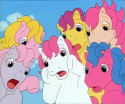 Size: 692x576 | Tagged: safe, screencap, character:bon bon (g1), character:clover (g1), character:melody, character:patch (g1), character:starlight (g1), character:sweetheart, species:pony, episode:who's responsible?, g1, my little pony tales, open mouth