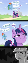 Size: 1249x2766 | Tagged: safe, artist:adequality, artist:mostazathy, character:rainbow dash, character:twilight sparkle, comic, dialogue, faec, implied rainbow blitz, implied rule 63, implied transformation, speech bubble