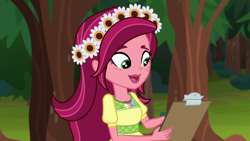 Size: 1280x720 | Tagged: safe, screencap, character:gloriosa daisy, equestria girls:legend of everfree, g4, my little pony:equestria girls, clipboard, magical geodes, solo