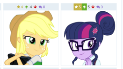 Size: 1136x640 | Tagged: safe, screencap, character:applejack, character:twilight sparkle, character:twilight sparkle (scitwi), species:eqg human, derpibooru, ship:twijack, my little pony:equestria girls, female, juxtaposition, lesbian, meta, scitwijack, shipping