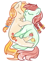 Size: 682x900 | Tagged: safe, artist:mcponyponypony, character:candy apples, character:peach melba, species:earth pony, species:pony, apple family member, braid, cuddling, eyes closed, simple background, sleeping, snuggling