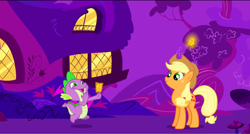 Size: 1360x730 | Tagged: safe, screencap, character:applejack, character:spike, species:dragon, species:earth pony, species:pony, episode:the ticket master, g4, my little pony: friendship is magic, applejack levitating, clothing, duo, faec, freckles, gala ticket, golden oaks library, golden ticket, grand galloping gala, hat, levitation, magic, night, telekinesis, ticket