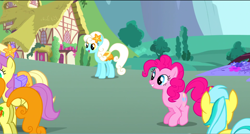 Size: 1360x730 | Tagged: safe, screencap, character:carrot top, character:golden harvest, character:lemony gem, character:orange blossom, character:parasol, character:pinkie pie, character:prim posy, character:serena, species:earth pony, species:pegasus, species:pony, species:unicorn, episode:the ticket master, g4, my little pony: friendship is magic, background pony, female, flower, flower in hair, mare, smiling, the ticket song