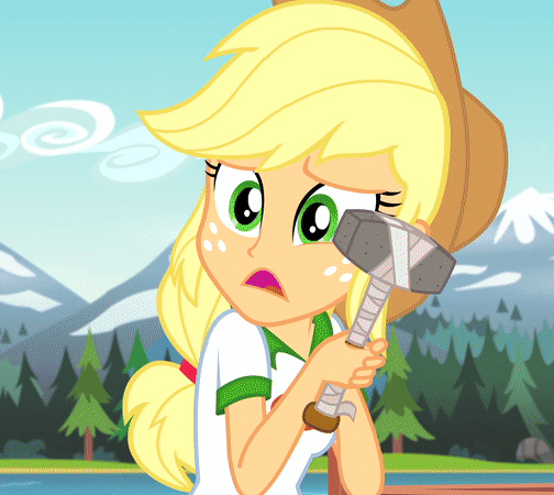 Size: 504x450 | Tagged: safe, screencap, character:applejack, equestria girls:legend of everfree, g4, my little pony:equestria girls, animated, applejack's hat, braid, camp everfree outfits, clothing, cowboy hat, cropped, female, forest, freckles, gif, hammer, hat, holding, mountain, mountain range, solo, talking, water