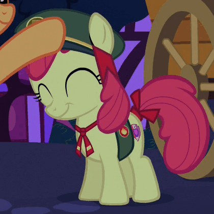 Size: 420x420 | Tagged: safe, screencap, character:apple bloom, character:applejack, species:earth pony, species:pony, episode:28 pranks later, g4, my little pony: friendship is magic, adorabloom, animated, clothing, cute, eyes closed, filly guides, filly scouts, gif, night, petting, solo focus, uniform