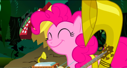 Size: 1360x730 | Tagged: safe, screencap, character:pinkie pie, species:earth pony, species:pony, episode:swarm of the century, g4, my little pony: friendship is magic, accordion, banjo, eyes closed, female, harmonica, mare, musical instrument, one-pony band, smiling, solo, sousaphone, tuba