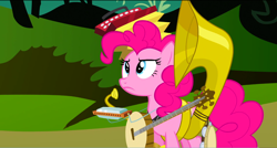 Size: 1360x730 | Tagged: safe, screencap, character:pinkie pie, species:earth pony, species:pony, episode:swarm of the century, g4, my little pony: friendship is magic, accordion, banjo, cymbals, female, frown, harmonica, looking up, mare, musical instrument, one-pony band, solo, sousaphone, tambourine, tuba, worried