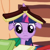 Size: 210x210 | Tagged: safe, screencap, character:twilight sparkle, species:pony, species:unicorn, episode:secret of my excess, g4, my little pony: friendship is magic, animated, blinking, book, book hat, bookhorse, cropped, cute, female, floppy ears, frown, gif, horn impalement, mare, solo, twiabetes