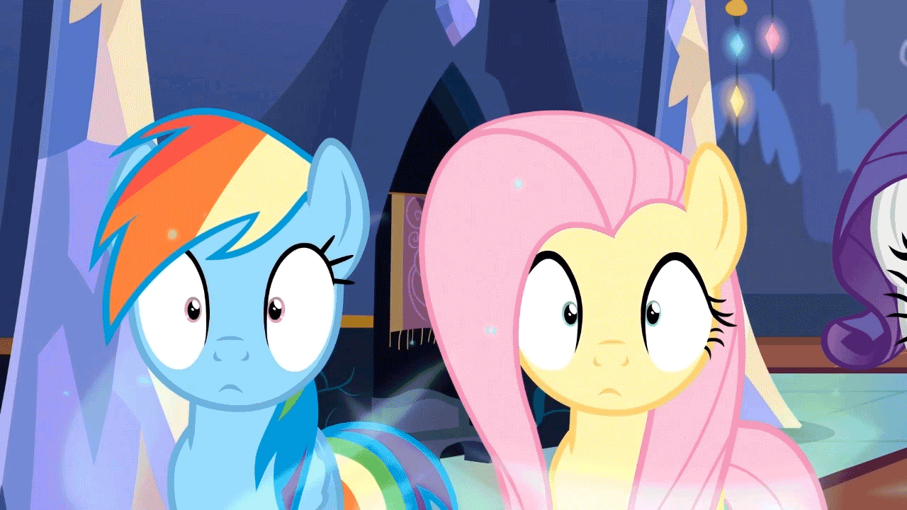 Size: 1280x720 | Tagged: safe, screencap, character:applejack, character:fluttershy, character:pinkie pie, character:rainbow dash, character:rarity, species:pony, episode:every little thing she does, g4, my little pony: friendship is magic, animated, fiducia compellia, gif, hypnosis, hypnotized, reaction image, shrunken pupils
