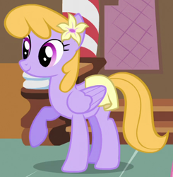 Size: 450x460 | Tagged: safe, screencap, character:drizzle, species:pegasus, species:pony, episode:a bird in the hoof, g4, my little pony: friendship is magic, background pony, cropped, female, flower, flower in hair, mare, raised hoof, solo