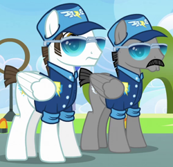 Size: 570x550 | Tagged: safe, screencap, character:fast clip, species:pony, episode:wonderbolts academy, background pony, clothing, cropped, duo, facial hair, hat, male, manerick, moustache, short tail, stallion, sunglasses, uniform, whiplash
