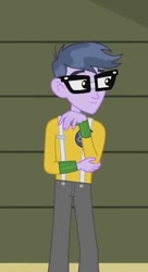 Size: 372x686 | Tagged: safe, screencap, character:microchips, episode:a banner day, equestria girls:friendship games, g4, my little pony:equestria girls, clothing, glasses, pants, short, solo