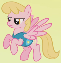 Size: 357x370 | Tagged: safe, screencap, character:honey rays, species:pegasus, species:pony, episode:winter wrap up, g4, my little pony: friendship is magic, background pony, clothing, cropped, female, flying, mare, narrowed eyes, simple background, solo, vest, weather team, winter wrap up vest, yellow background