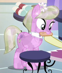 Size: 340x400 | Tagged: safe, screencap, species:crystal pony, species:pony, episode:games ponies play, g4, my little pony: friendship is magic, background pony, cropped, female, flower, flower in hair, lilac luster, mare, mouth hold, solo