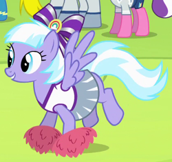 Size: 420x394 | Tagged: safe, screencap, character:lilac sky, species:pegasus, species:pony, bow, cheerleader, clothing, cropped, dress, pom pom, solo focus