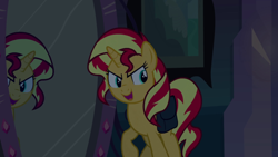 Size: 640x360 | Tagged: safe, screencap, character:sunset shimmer, species:pony, species:unicorn, equestria girls:equestria girls, g4, my little pony:equestria girls, bag, magic mirror, mirror, saddle bag, solo