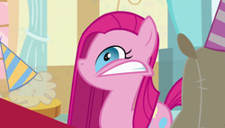 Size: 1920x1090 | Tagged: safe, screencap, character:pinkamena diane pie, character:pinkie pie, species:earth pony, species:pony, episode:party of one, g4, my little pony: friendship is magic, dust bunny, faec, faecamena, female, frown, gritted teeth, madame leflour, mare, sir lintsalot, solo, spasm, sugarcube corner, twitch, wide eyes
