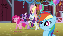 Size: 1920x1090 | Tagged: safe, screencap, character:fluttershy, character:pinkie pie, character:rainbow dash, character:rarity, species:pony, episode:party of one, g4, my little pony: friendship is magic, balloon, barn, butt touch, chewing, clothing, conga, eating, hat, hoof on butt, party hat