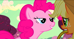 Size: 1360x730 | Tagged: safe, screencap, character:applejack, character:pinkie pie, species:pony, episode:the last roundup, g4, my little pony: friendship is magic, basket, lidded eyes, mouth hold, scared