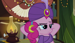 Size: 1920x1090 | Tagged: safe, screencap, character:pinkie pie, species:pony, episode:it's about time, g4, my little pony: friendship is magic, leaning back, madame pinkie, solo, turban