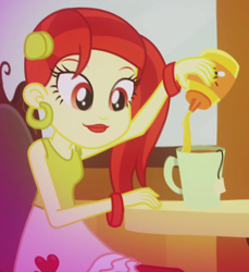 Size: 474x517 | Tagged: safe, screencap, episode:music to my ears, g4, my little pony:equestria girls, bracelet, cropped, cup, ear piercing, earring, heart, honey, jewelry, piercing, rose heart, solo, table, teabag, teacup