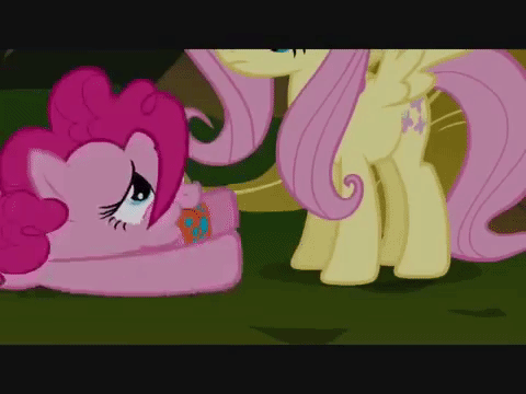 Size: 480x360 | Tagged: safe, screencap, character:fluttershy, character:pinkie pie, species:pony, episode:bridle gossip, g4, my little pony: friendship is magic, animated, black bars, flutterguy, gif, puppy dog eyes, spitty pie