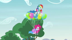 Size: 1280x720 | Tagged: safe, screencap, character:pinkie pie, character:rainbow dash, episode:pinkie spy, equestria girls:friendship games, g4, my little pony:equestria girls, all fours, balloon, boots, bracelet, clothing, cloud, confused, cute, diapinkes, duo, floating, frown, high heel boots, jewelry, kneeling, looking down, open mouth, pinkie being pinkie, pinkie physics, skirt, smiling, socks, then watch her balloons lift her up to the sky, tree, wat, wide eyes