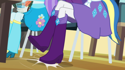 Size: 1920x1080 | Tagged: safe, screencap, character:aqua blossom, character:rarity, character:scott green, my little pony:equestria girls, boots, clothing, cropped, cup, flower, helping twilight win the crown, high heel boots, jewel, jewelry, legs, scott green, skirt, tail