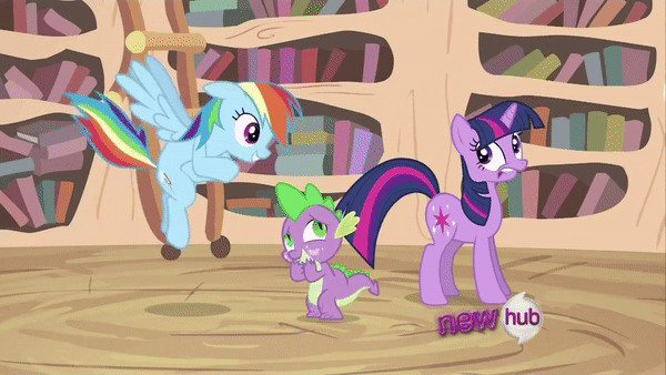 Size: 600x338 | Tagged: safe, screencap, character:rainbow dash, character:spike, character:twilight sparkle, species:dragon, species:pony, episode:it's about time, g4, my little pony: friendship is magic, all new, animated, gif, hub logo, laughing, text