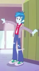 Size: 161x289 | Tagged: safe, screencap, episode:music to my ears, equestria girls:rainbow rocks, g4, my little pony:equestria girls, arms spread out, background human, clothing, jacket, male, necktie, pants, shoes, short, smiling, sneakers, solo, thunderbass