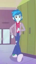 Size: 181x320 | Tagged: safe, screencap, episode:music to my ears, equestria girls:rainbow rocks, g4, my little pony:equestria girls, background human, clothing, jacket, male, pants, shoes, short, sneakers, solo, thunderbass, walking