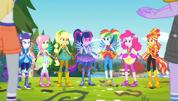 Size: 924x523 | Tagged: safe, screencap, character:applejack, character:derpy hooves, character:fluttershy, character:microchips, character:pinkie pie, character:rainbow dash, character:rarity, character:sunset shimmer, character:twilight sparkle, equestria girls:legend of everfree, g4, my little pony:equestria girls, balloon, boots, camp everfree outfits, clothing, crystal guardian, crystal wings, glasses, high heel boots, humane five, humane seven, humane six, jewelry, looking at you, mane six, ponytail, shoes, smiling, sneakers, socks, sparkles, sun, wings