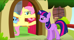 Size: 1360x730 | Tagged: safe, screencap, character:fluttershy, character:rainbow dash, character:twilight sparkle, species:pegasus, species:pony, species:unicorn, episode:dragon quest, g4, my little pony: friendship is magic, fluttershy's cottage, lidded eyes, out of context, pushing, scrunchy face