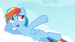 Size: 1920x1080 | Tagged: safe, screencap, character:rainbow dash, species:pony, episode:testing testing 1-2-3, g4, my little pony: friendship is magic, check em, cloud, lidded eyes, solo