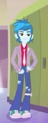 Size: 143x366 | Tagged: safe, screencap, episode:music to my ears, equestria girls:rainbow rocks, g4, my little pony:equestria girls, background human, clothing, jacket, male, necktie, pants, shoes, short, smiling, sneakers, solo, thunderbass, walking