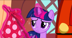 Size: 1360x730 | Tagged: safe, screencap, character:twilight sparkle, species:pony, episode:dragon quest, g4, my little pony: friendship is magic, 3:, bindle, golden oaks library, knapsack, magic, solo