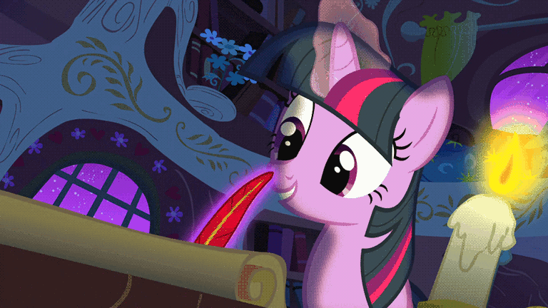 Size: 768x432 | Tagged: safe, screencap, character:twilight sparkle, species:pony, species:unicorn, episode:owl's well that ends well, g4, my little pony: friendship is magic, season 1, animated, balcony, beehive, book, bookshelf, candle, disturbed, door, flower, gif, golden oaks library, magic, night, plate, ponyville, quill, scroll, solo, spooky, stars, telekinesis, tree, writing