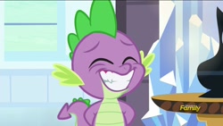 Size: 1920x1080 | Tagged: safe, screencap, character:spike, species:dragon, episode:the times they are a changeling, g4, my little pony: friendship is magic, arm behind back, baby, baby dragon, crystal empire, cute, discovery family, discovery family logo, eyebrows, eyes closed, grin, hands behind back, innocent, logo, male, smiling, solo, spikabetes, table, teeth, vase, watermark, window