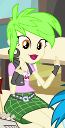 Size: 198x388 | Tagged: safe, screencap, character:cherry crash, equestria girls:equestria girls, g4, my little pony:equestria girls, background human, cherry crash, clothing, cropped, ear piercing, earring, fingerless gloves, gloves, jewelry, piercing, solo focus, thunderbass, valhallen