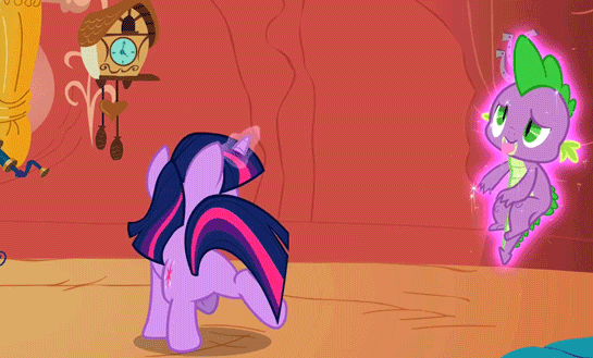 Size: 545x329 | Tagged: safe, screencap, character:spike, character:twilight sparkle, species:dragon, species:pony, species:unicorn, animated, cute, duo, female, gif, magic, male, mare, plot, prancing, telekinesis, twiabetes