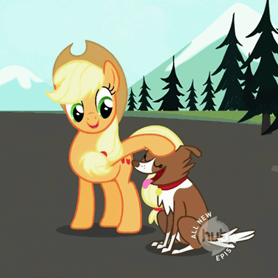Size: 400x400 | Tagged: safe, screencap, character:applejack, character:winona, species:earth pony, species:pony, episode:may the best pet win, g4, my little pony: friendship is magic, animated, female, gif, hub logo, mare, petting